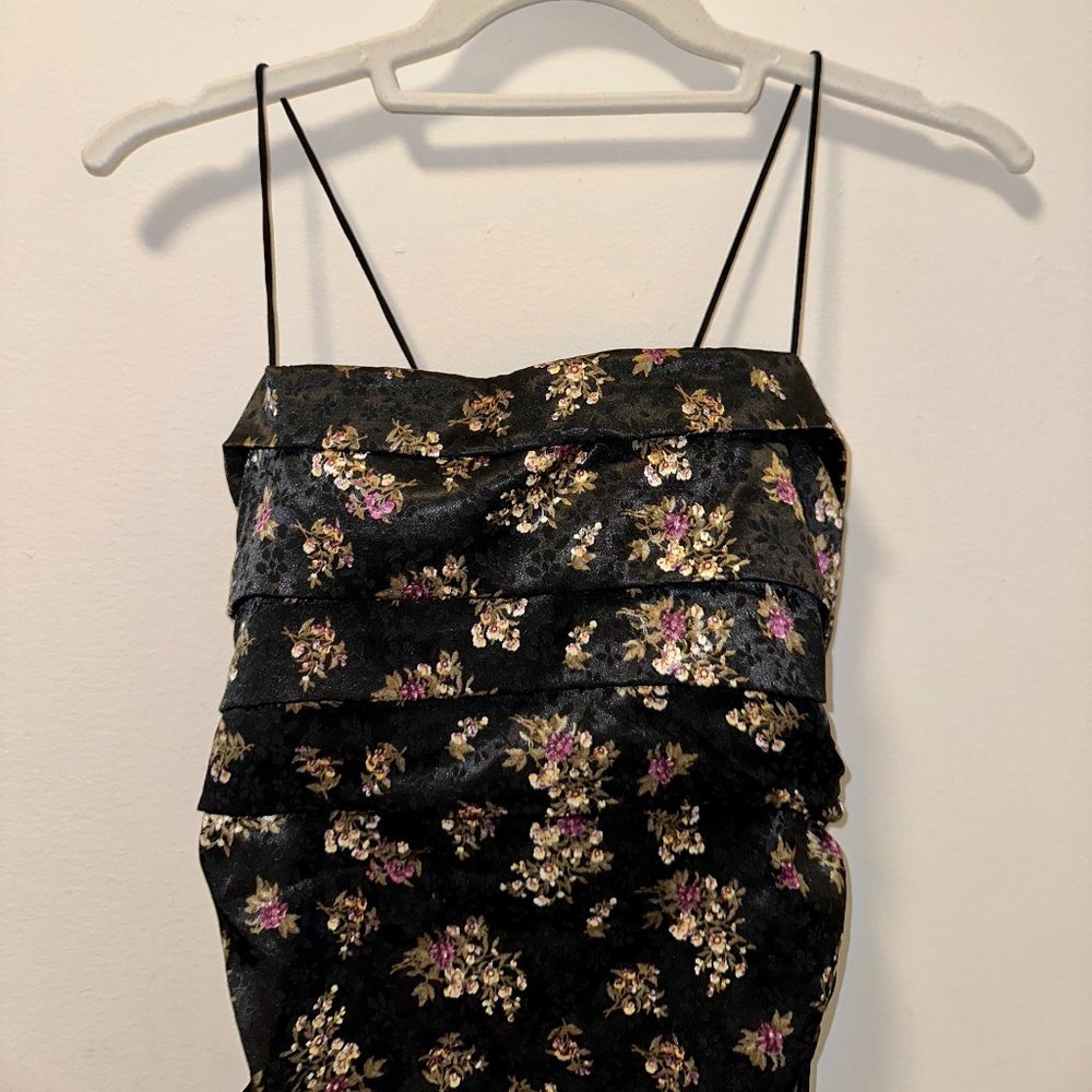 Black ruched floral dress